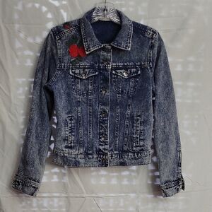 Women’s Blue Acid-Wash Denim Jacket with Red Rose Embroidery